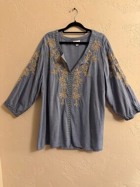 J. Jill Blue Chambray Boho Peasant Blouse Prairie Festival Size 2XL